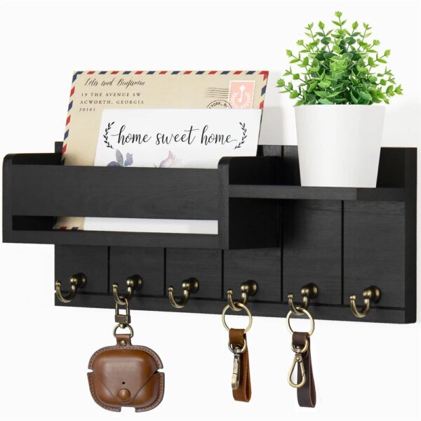 Rustic Wooden Key Holder & Mail Organizer with Shelf and 6 Hooks