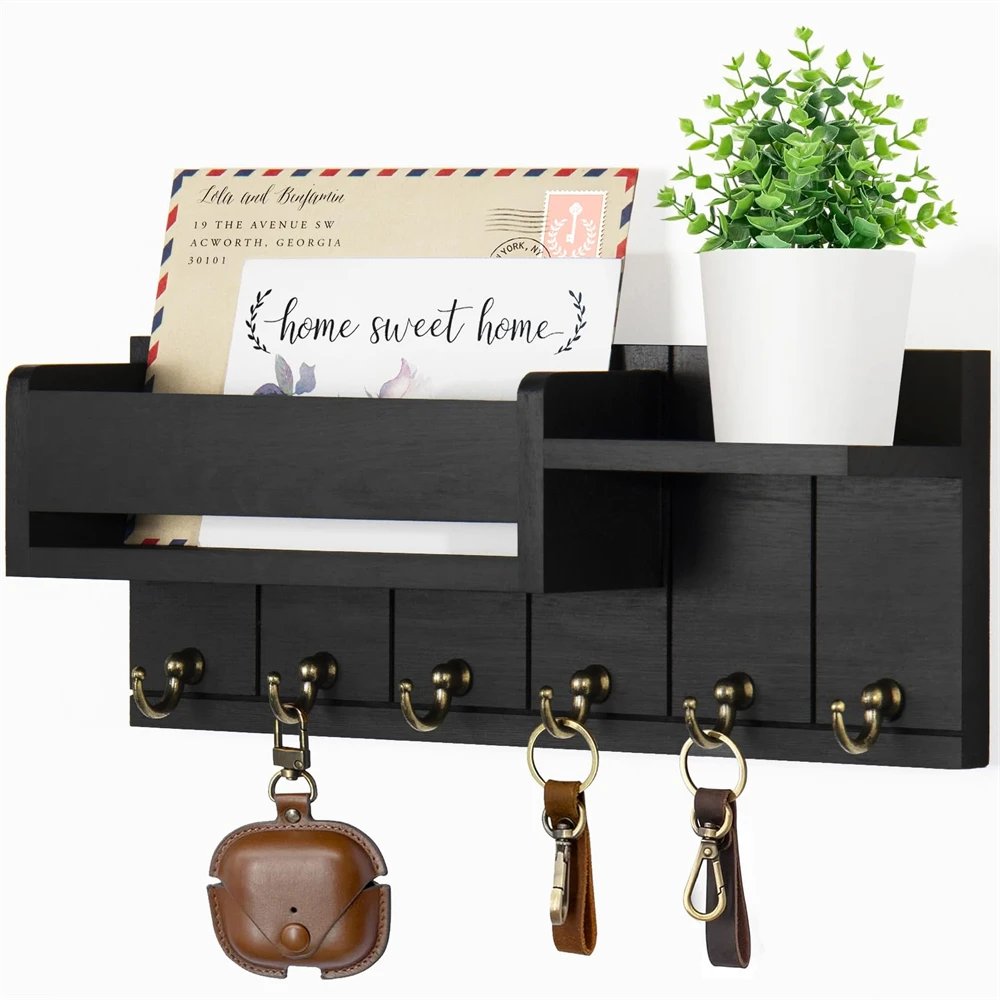Rustic Wooden Key Holder & Mail Organizer with Shelf and 6 Hooks