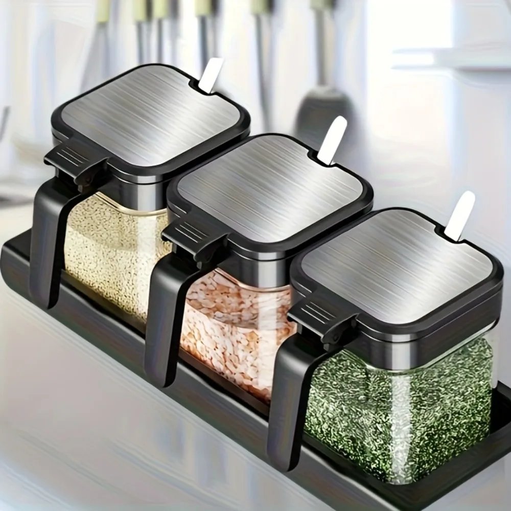3PCS Glass Spice Jars Organizer: Seasoning Storage Bottles Set with Lids for Kitchen Counter