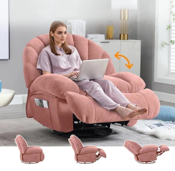 360° Swivel Rocker Recliner Chair with Storage Pocket – Pink
