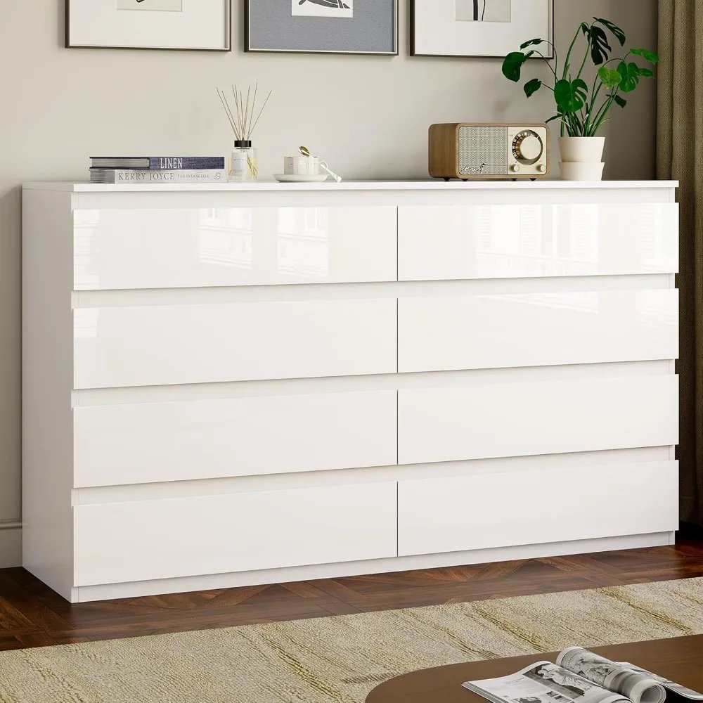 Modern 8-Drawer Wooden Dresser with High Gloss Finish and Wide Storage