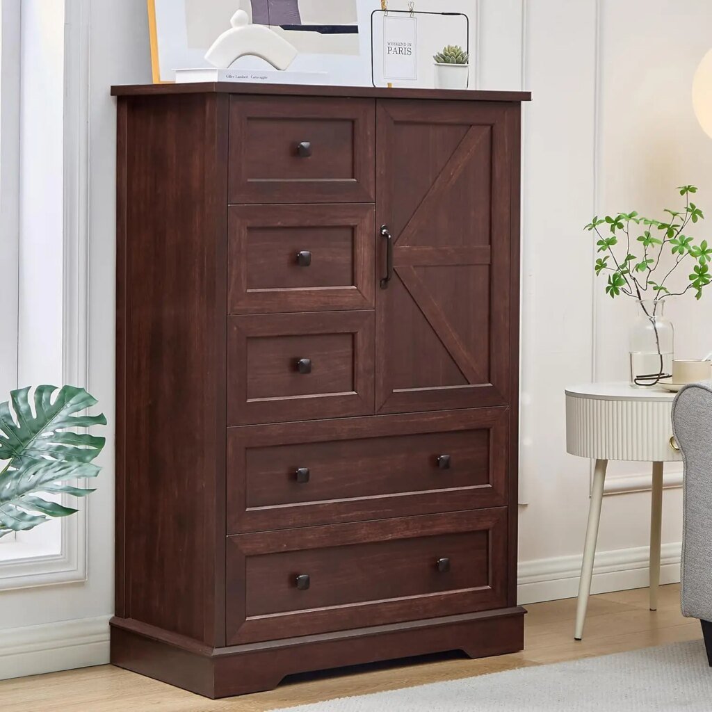 48″ Farmhouse Wooden Dresser with 5 Drawers & Storage Cabinet – Bedroom Chest Organizer